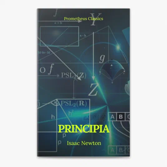 Couverture du livre numérique 'Principia' d'Isaac Newton, affichant le titre en jaune sur un fond bleu parsemé de symboles mathématiques.
