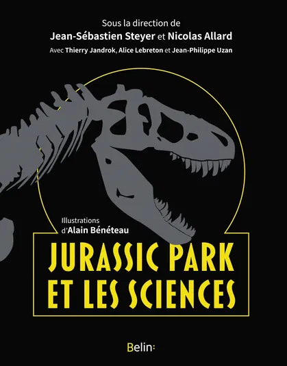 Couverture du livre Jurassic Park et les sciences avec un squelette de dinosaure gris sur fond noir