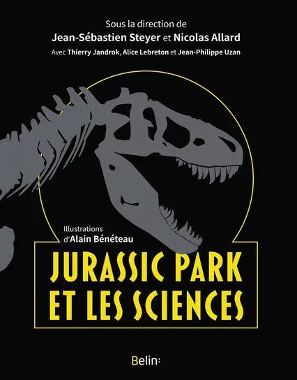 Couverture du livre Jurassic Park et les sciences avec un squelette de dinosaure gris sur fond noir