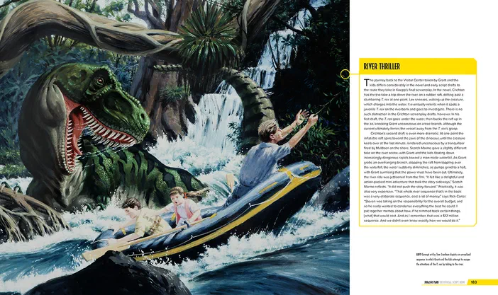 Illustration d'un T-Rex dans une rivière avec des enfants en canoë.
